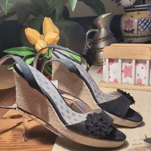 Montego Bay Club - Black Wedge Sandals with Floral Accent. Ankle Clasp.